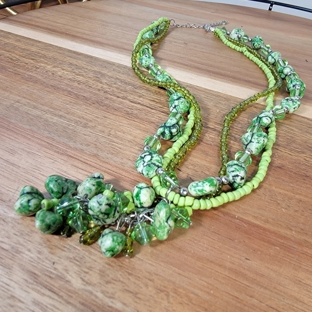 Triple strand Green Stone and Bead Statement Necklace With Tassel